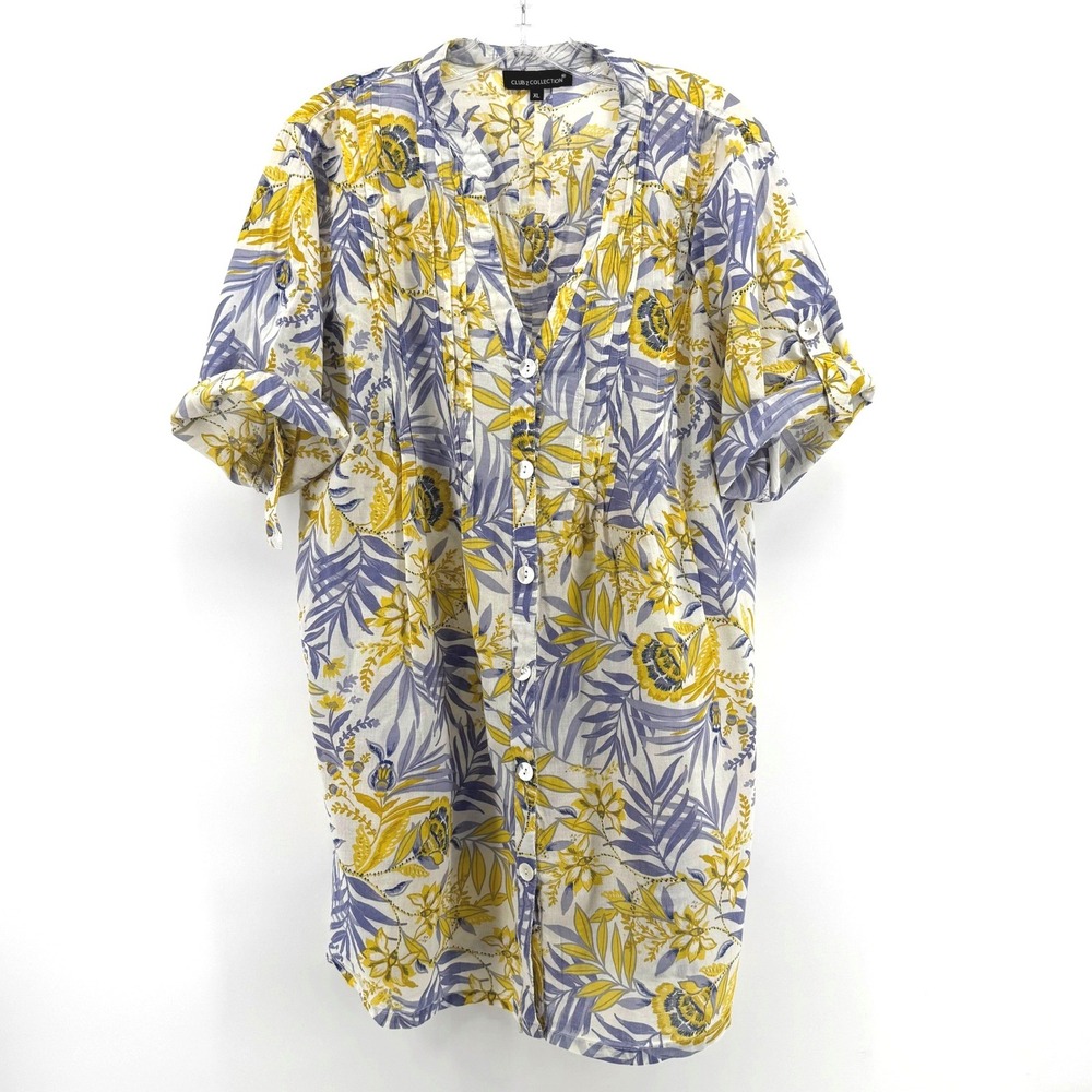 Club Z Collection Tunic Top Women XL Yellow Lavender Tropical Floral Resortwear